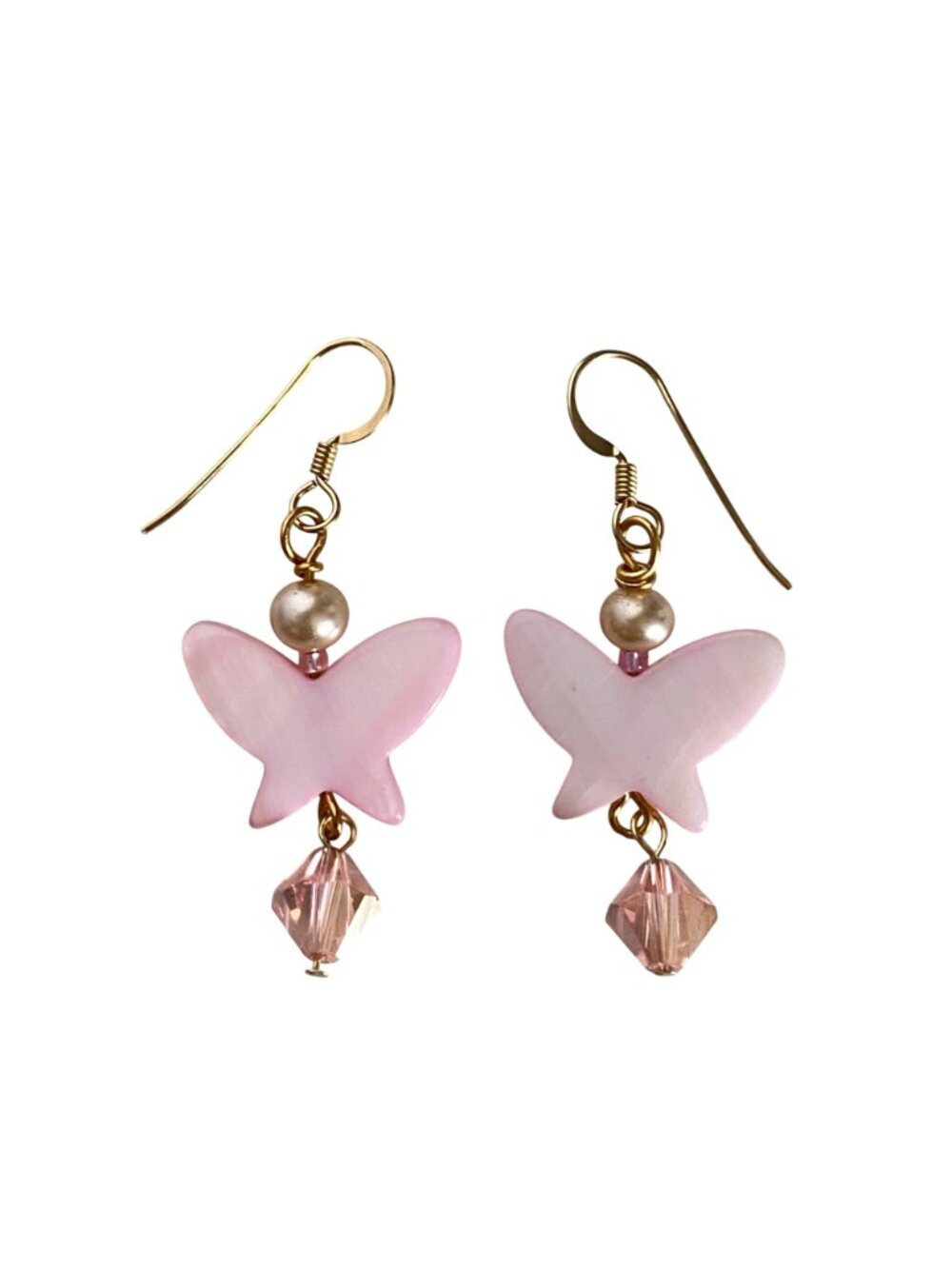 Pink MOP Butterfly Pearls Swarovski Crystal Gold Filled Dangle Pierced Earrings - Picture 2 of 3
